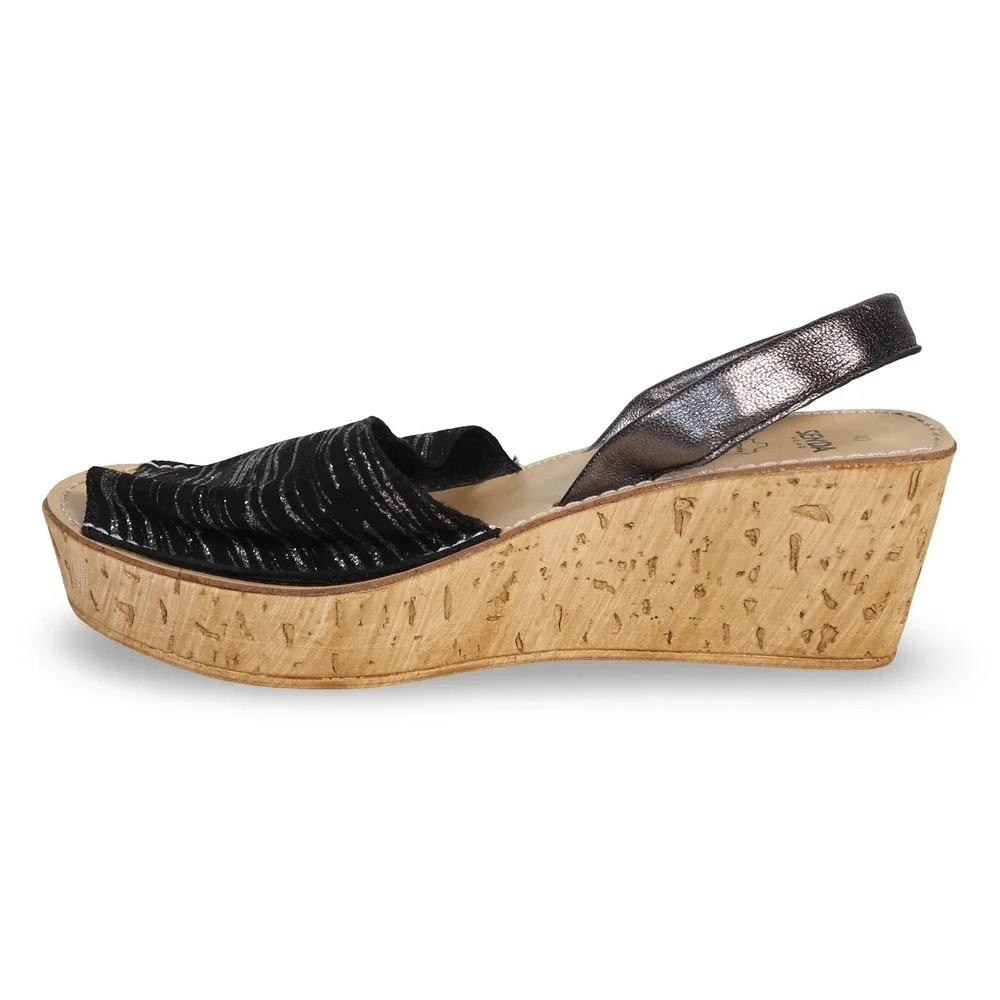 Senda Road Platform Cork Wedge Sandals Women's 9/40 Black Silver Slingback